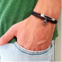 Black Leather Double-Wrap Men's Bracelet with Oxidized Silver-Plated Star of David and Cylinder