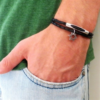 Black Leather Double-Wrap Men's Bracelet with Oxidized Silver-Plated Star of David and Cylinder