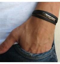 Black Leather Triple-Wrap Men's Bracelet with Oxidized Silver-Plated Shema Israel Plaque by Gal Cohen