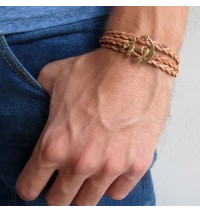 Tan Braided Leather Triple Wrap Men's Bracelet with 24k Gold-Plated Anchor Element by Gal Cohen