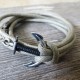 Beige Rope Triple-Wrap Men's Bracelet with Oxidized Silver-Plated Anchor Element and Black Thread by Gal Cohen