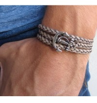   Braided Grey Leather Triple-Wrap Men's Bracelet with Oxidized Silver-Plated Anchor Element by Gal Cohen