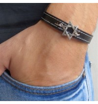 Black Leather Men's Bracelet with Oxidized Silver-Plated Star of David by Gal Cohen