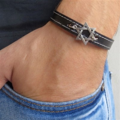 Black Leather Men's Bracelet with Oxidized Silver-Plated Star of David by Gal Cohen