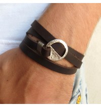  Chocolate Leather Triple Wrap Men's Bracelet with Oxidized Silver-Plated Circle by Gal Cohen