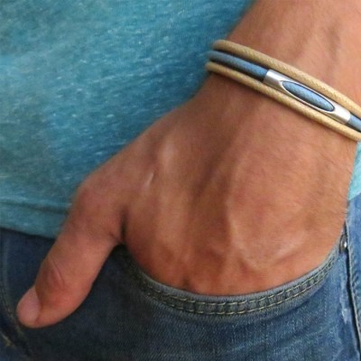  Beige and Sky Blue Triple Layer Men's Bracelet with Oxidized Silver-Plated Element by Gal Cohen