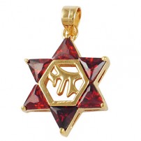 Garnet Chai Star of David Pendant - Gold Filled